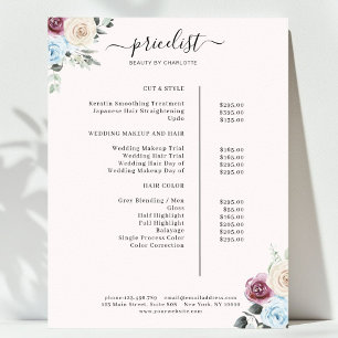 Poster Rosa de Greenery Salon Price List