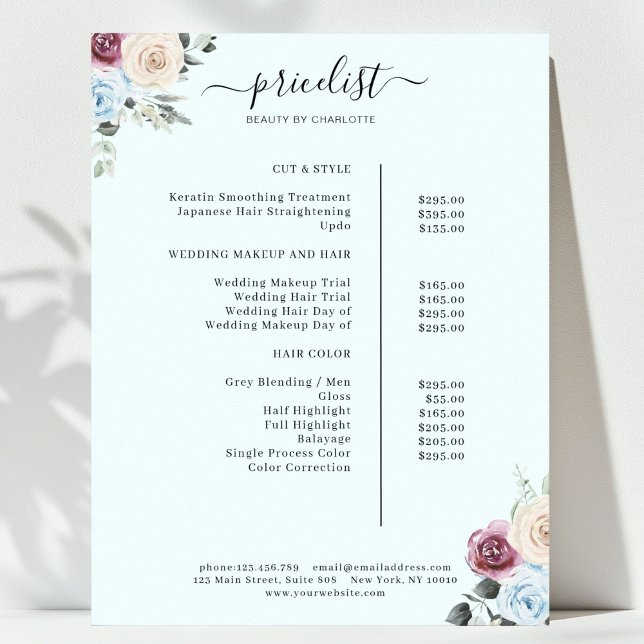 Poster Rosa de Greenery Salon Price List (Greenery Roses Salon Price List Poster)