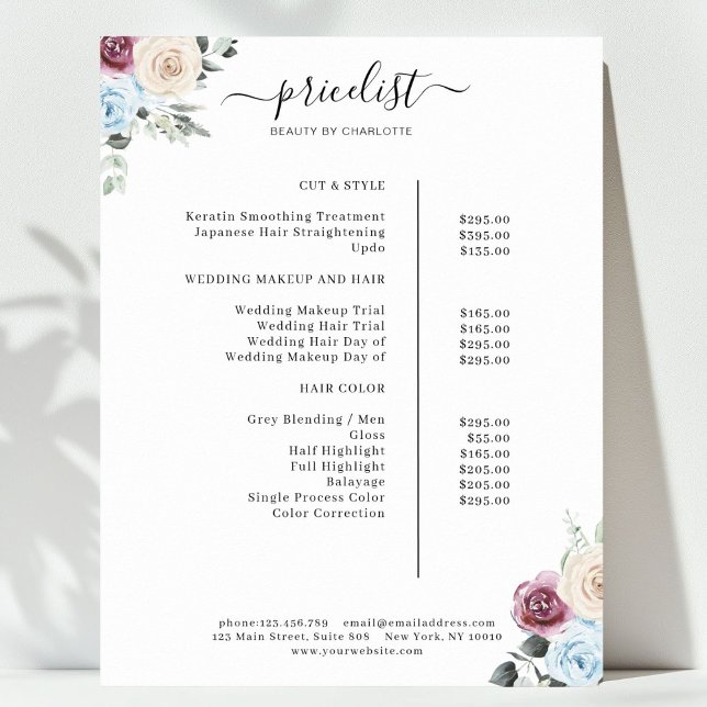 Poster Rosa de Greenery Salon Price List (Greenery Roses Salon Price List Poster)