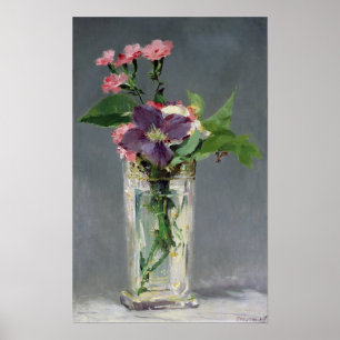 Pôster Rosa de Manet   e Clematis em um vaso de cristal,