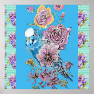 Poster Rosa de Pássaro Azul de Pássaro Pintura Aqua Pos