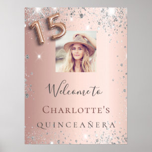 Poster Rosa de Quinceanera foto dourada com relva de prat