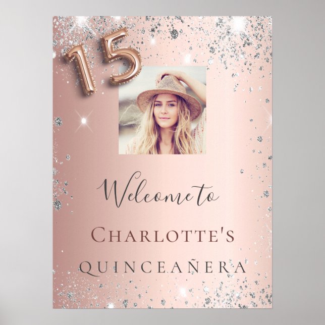 Poster Rosa de Quinceanera foto dourada com relva de prat (Frente)