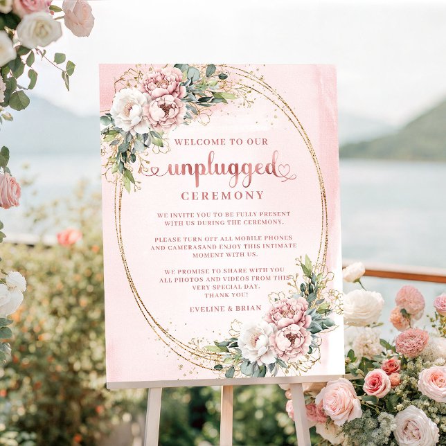 Poster Rosa Desbotado Floral Cerimônia Sem Dispositivos E (Blush Pink Dusty Pink Floral Unplugged Ceremony Sign)