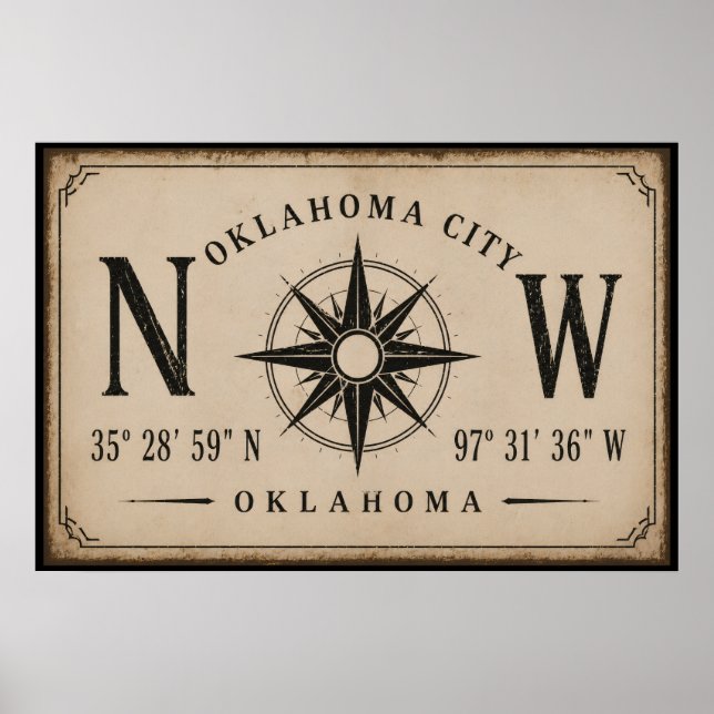 Poster Rosa dos Ventos Coordenadas Antigas de Oklahoma Ci (Frente)