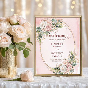 Poster Rosa Dourada Clássica Floral Verde Bem-Vindo Casam