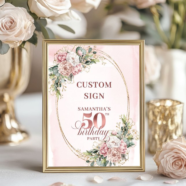 Poster Rosa Dourada Clássica Personalizada 50 Aniversário (Personalized Classic Rose Gold 50th Birthday Custom Sign)
