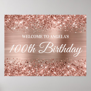 Poster Rosa Dourada Glitter e Foil 100º Aniversário de Bo