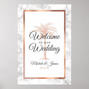 Poster Rosa Dourada Palm Tree Marble Wedding Bem-vindo