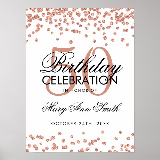 Poster Rosa Dourado 50º Aniversário Glitter Confetti Whit (Frente)