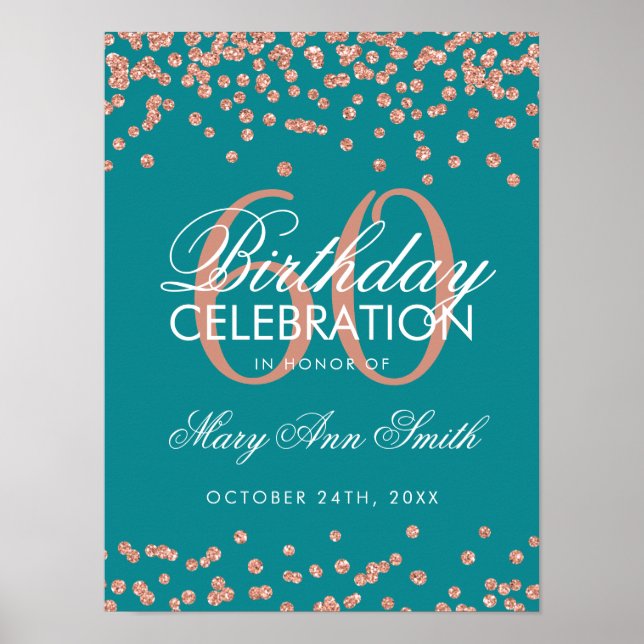 Poster Rosa Dourado 60º Aniversário Glitter Confetti Teal (Frente)