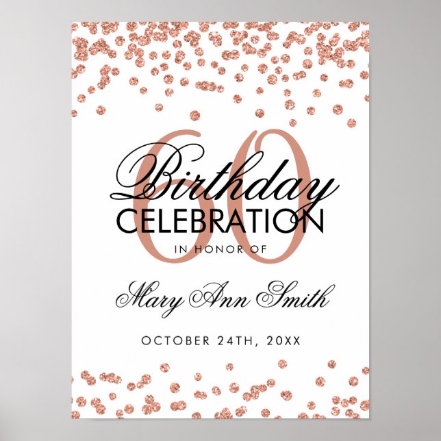 Poster Rosa Dourado 60º Aniversário Glitter Confetti Whit (Frente)