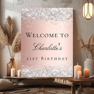 Poster Rosa dourado aniversário blush prata bem-vindo