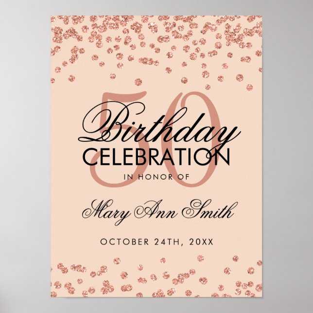 Poster Rosa Dourado Blush 50th Birthday Glitter Confetti (Frente)