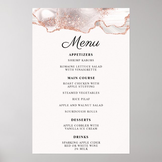 Poster Rosa Dourado Brilhante Branco Ágata Menu A4 (Frente)