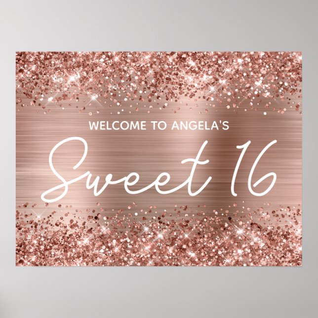 Poster Rosa Dourado Glitter e Foil Sweet 16 Bem-vindo (Frente)