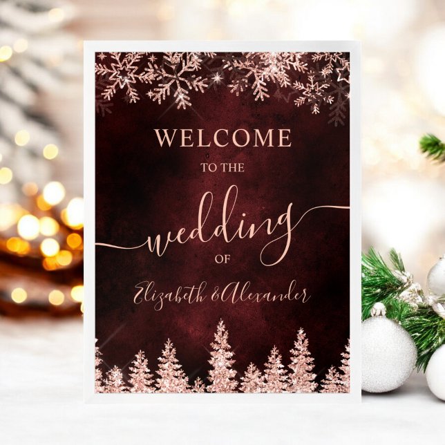 Poster Rosa dourado pinheiro vermelho casamento no invern (Rose gold snow pine red Christmas winter wedding Poster)