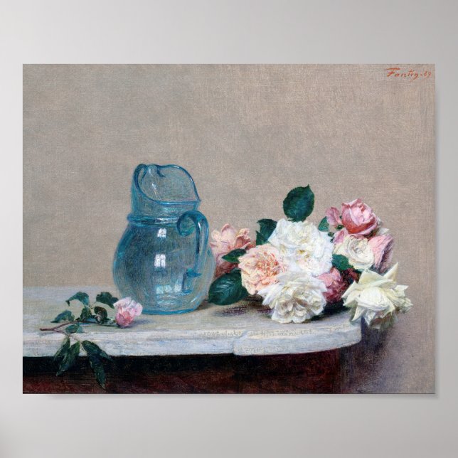 Poster Rosa e Glass Jug, Henri Fantin-Latour (Frente)