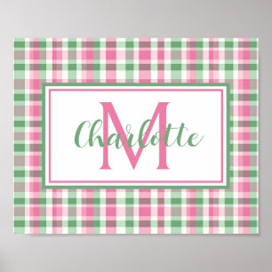 Poster Rosa e Verde Xadrez Monograma Esnobe