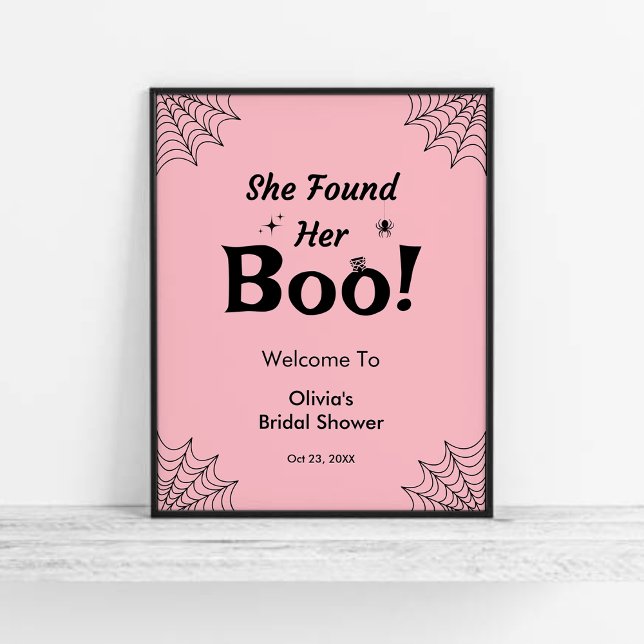 Poster Rosa Ela Encontrou O Chá de panela Do Dia Das Brux (Pink She Found Her Boo Halloween Bridal Shower Welcome Sign   )