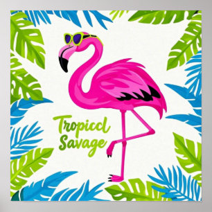 Poster Rosa flamingo Tropical de pé numa perna