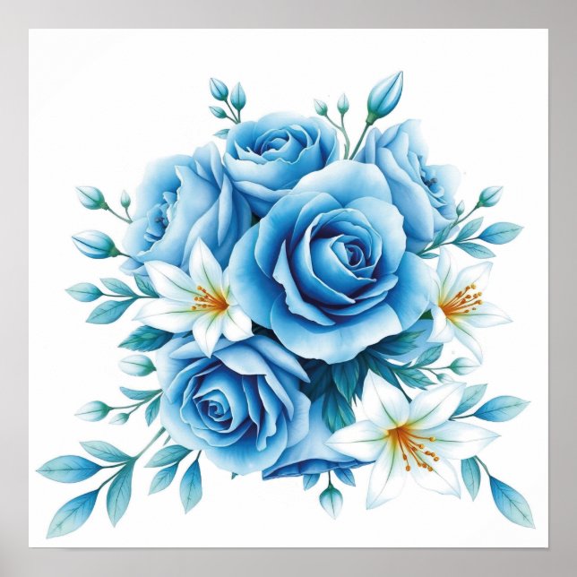 Poster Rosa Floral Elegante Azul (Frente)