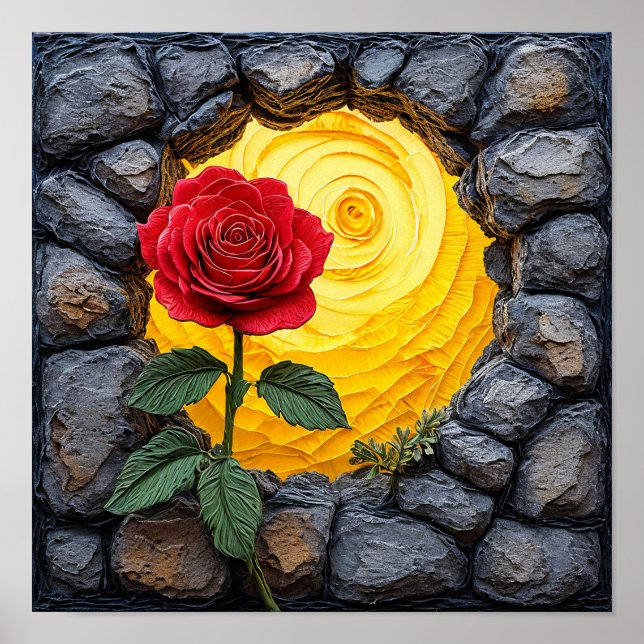 Poster 🌹 Rosa Florescendo Através de Antiga Parede de Pe (Frente)