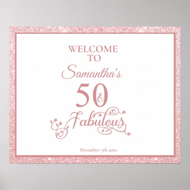Poster Rosa Glitter Birthday 50 e Fabuloso sinal de boas- (Frente)