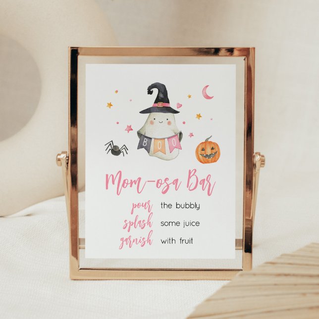 Poster Rosa Halloween Fantasma Pequeno Boo Mãe Bar (Little Boo Baby Shower Mom Osa Bar Sign)