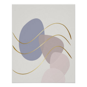 Pôster Rosa Macio e Azul Abstrato com Linhas Douradas