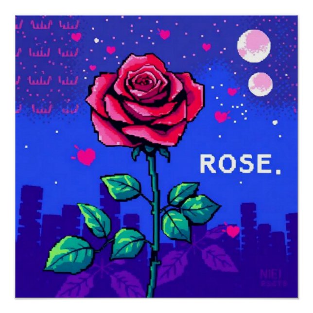 Pôster Rosa pixelada estilo retro (Frente)