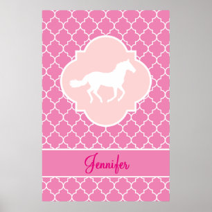 Pôster Rosa Quatrefoil da silhueta do cavalo branco com