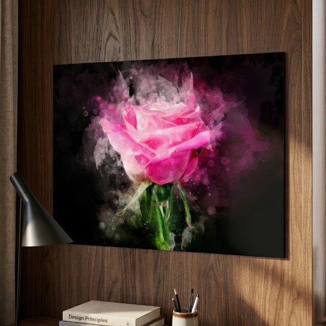 Poster Rosa Rosa Aquarela em Fundo Preto (Pink Rose Watercolor on Black Background. Poster)