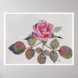 Poster Rosa Rosa com Aquarela de Folhas Abstratas
