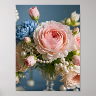 Poster Rosa rosa delicada com pérolas no vaso