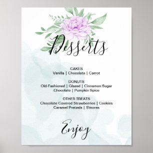 Poster Rosa Roxa Eucalipto Casamento Cardápio de Sobremes