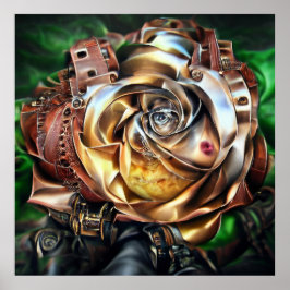 Poster Rosa Steampunk com Face Surreal - Flor Mecânico