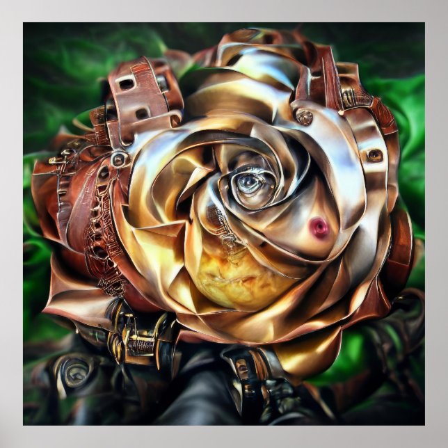 Poster Rosa Steampunk com Face Surreal - Flor Mecânico (Frente)