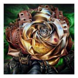 Pôster Rosa Steampunk com Face Surreal - Flor Mecânico