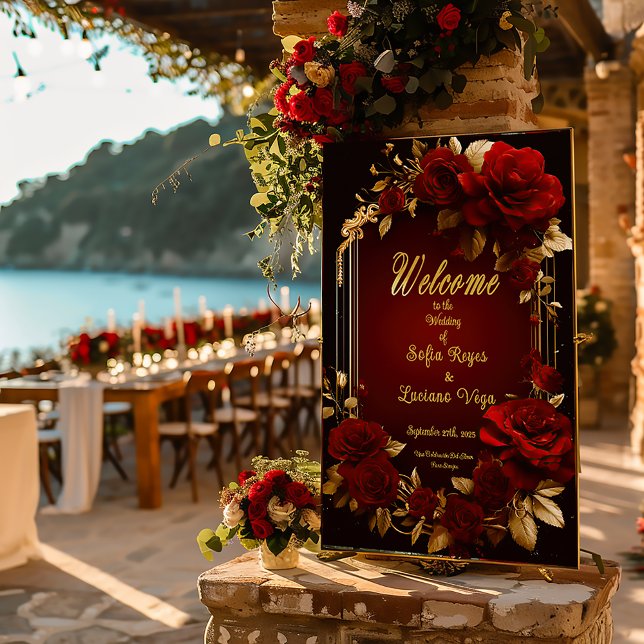 Pôster Rosa vermelha Burgundy Elegante e Casamento Dourad (Romantic Glossy Burgundy Red Rose Wedding Welcome Poster)