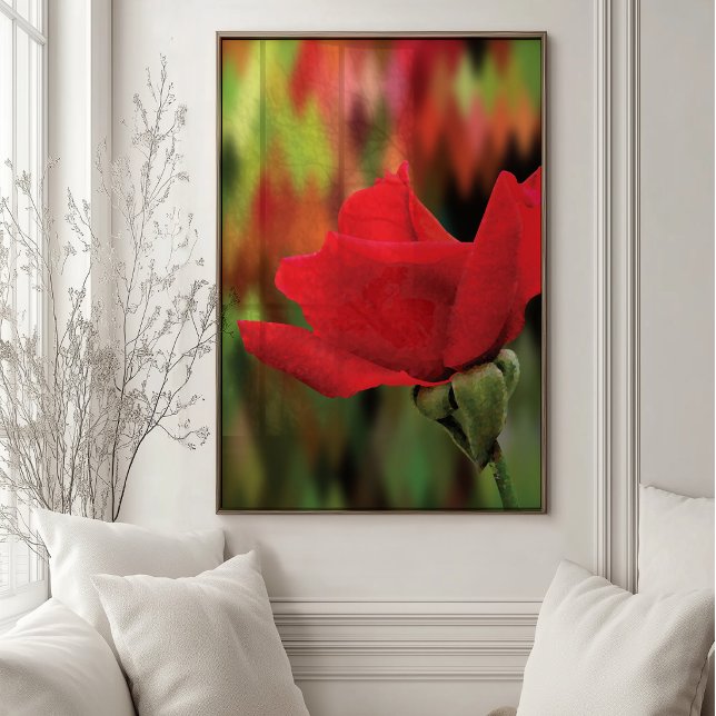 Poster Rosa Vermelha Moderna de Alta Poligonalidade | Art (High-poly red rose botanical wall art with vivid crimson petals and an abstract green background.)
