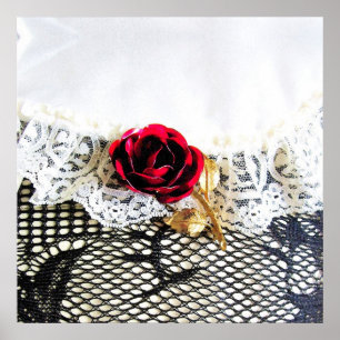 Pôster Rosa vermelha romântica e rendas brancas