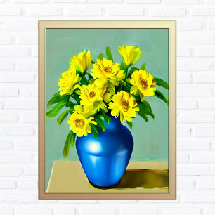Poster Rosas Amarelas em Arte Azul Vase Boho