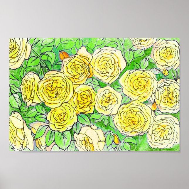 Poster Rosas Amarelas, Folhas Verdes Rosa Jardim Arte Flo (Frente)