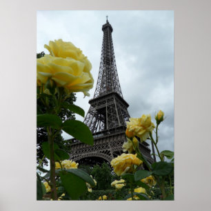 Poster Rosas amarelos de Paris da torre Eiffel lindo da