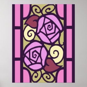 Poster Rosas Art Deco a rosa e Dourado