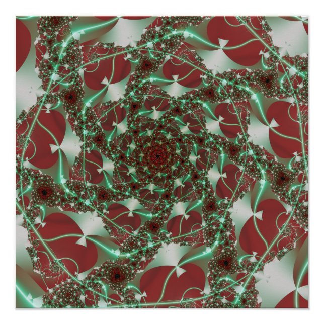 Pôster Rosas | Arte Fractal Vermelha e Verde (Frente)