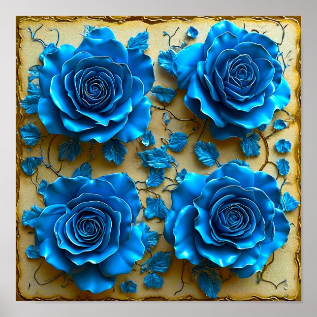 Poster 💙 Rosas Azuis 3D Floral Elegante Fantasia Moderna (Frente)
