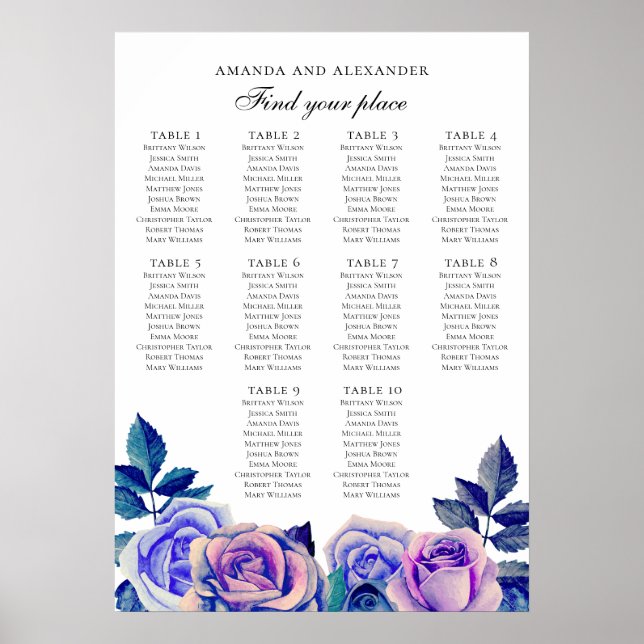 Poster Rosas azuis e roxas. Carta de lugares para o casam (Frente)