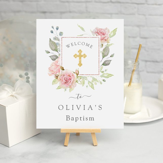 Poster Rosas Bonitas | Batismo Floral Rosa Elegante (A pretty welcome sign for your Baptism celebration)